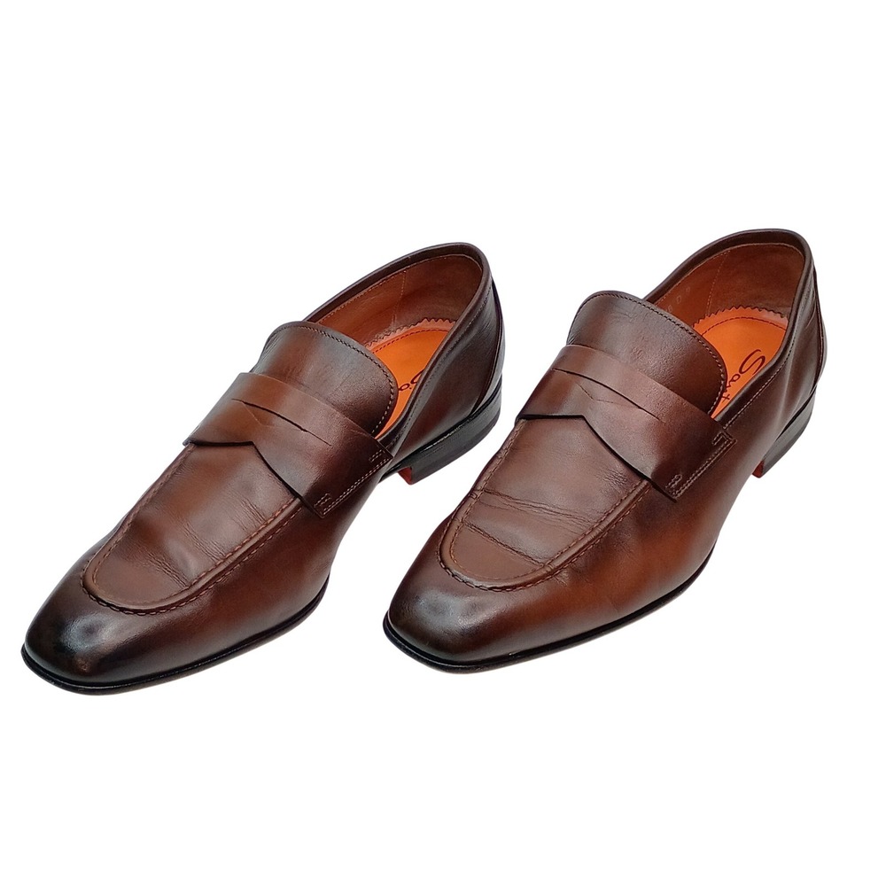 Santoni 2631 Penny Loafers Men Size 9 Brown Leather Made in Italy Dress Shoes
